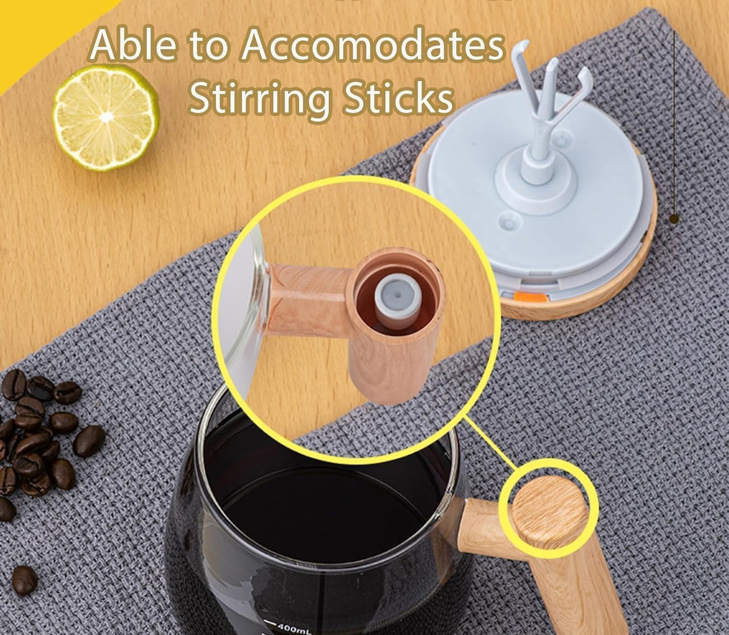 AutoMix Smart Glass Mug|Auto‑Mix Cup for Coffee, Protein & Powder Drinks with Wood‑Grain Top & Handle