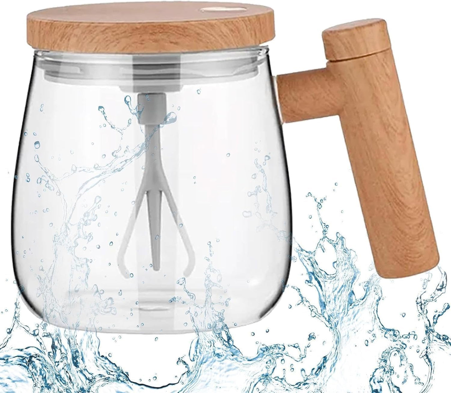 AutoMix Smart Glass Mug|Auto‑Mix Cup for Coffee, Protein & Powder Drinks with Wood‑Grain Top & Handle