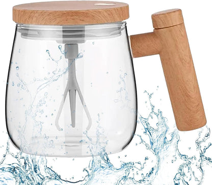 AutoMix Smart Glass Mug|Auto‑Mix Cup for Coffee, Protein & Powder Drinks with Wood‑Grain Top & Handle