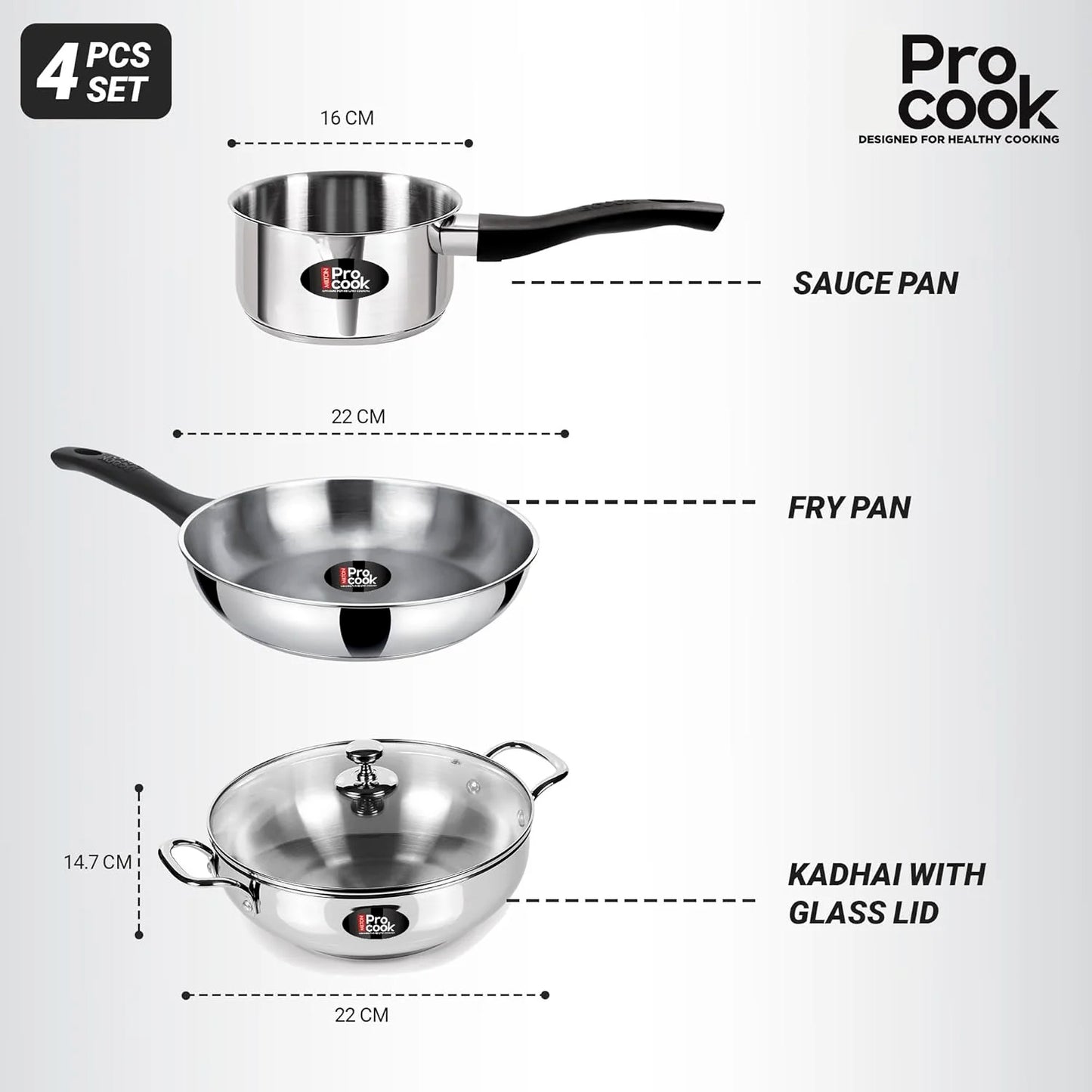 ProCook Elite 4PC Cooking Set|Stainless Steel Sandwich Bottom Induction 4 pcs Kitchen Set (Procook By Milton)