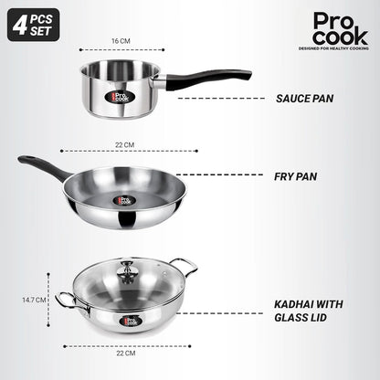 ProCook Elite 4PC Cooking Set|Stainless Steel Sandwich Bottom Induction 4 pcs Kitchen Set (Procook By Milton)