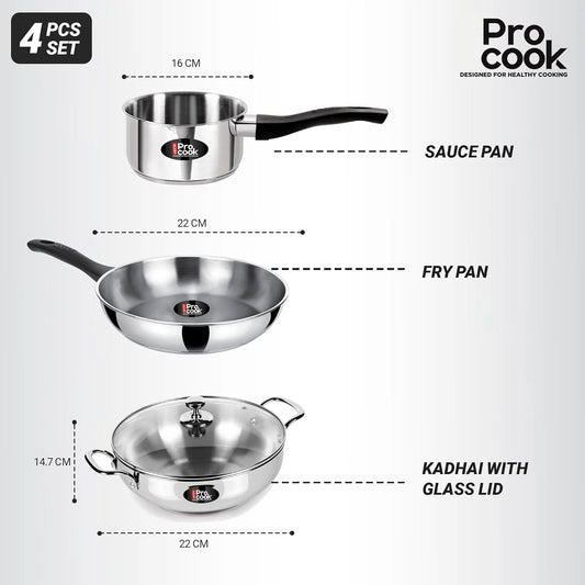 ProCook Elite 4PC Cooking Set|Stainless Steel Sandwich Bottom Induction 4 pcs Kitchen Set (Procook By Milton)