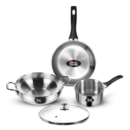 ProCook Elite 4PC Cooking Set|Stainless Steel Sandwich Bottom Induction 4 pcs Kitchen Set (Procook By Milton)