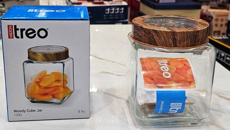 Treo By Milton Woody Cube Storage Glass Jar, 1 Piece, 1200 ml, Transparent | BPA Free | Storage Jar | Kitchen Organizer Modular | Multipurpose Jar