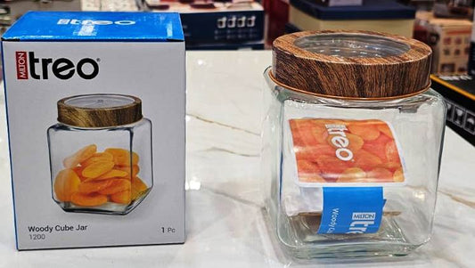 Treo By Milton Woody Cube Storage Glass Jar, 1 Piece, 1200 ml, Transparent | BPA Free | Storage Jar | Kitchen Organizer Modular | Multipurpose Jar