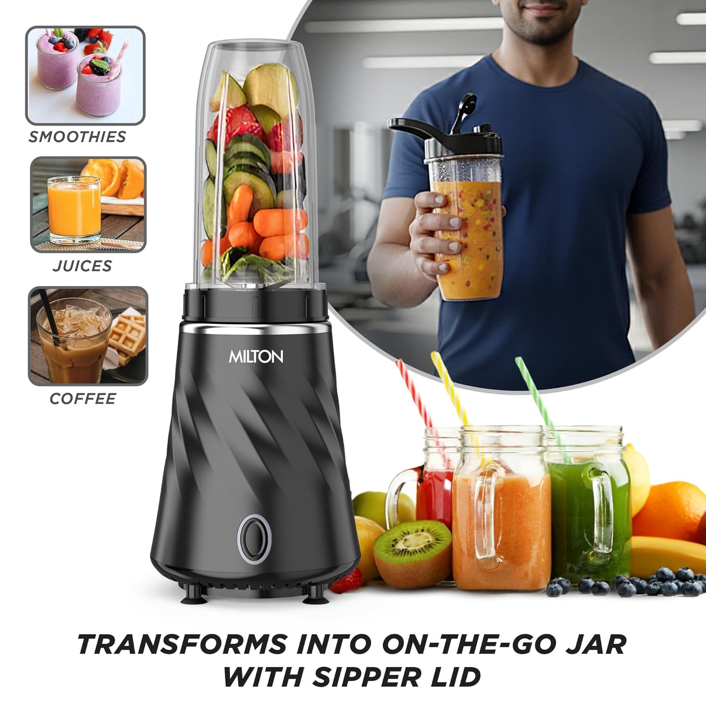 Milton Appliances| Mini Bullet Mixer Grinder I ISI Certified I Smoothie Maker &amp; Blender I SS Jar &amp; On-the-Go Jar I Powerful HTLV 350W Motor, Anti Skid Feet