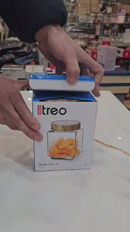 Treo By Milton Woody Cube Storage Glass Jar, 1 Piece, 1200 ml, Transparent | BPA Free | Storage Jar | Kitchen Organizer Modular | Multipurpose Jar