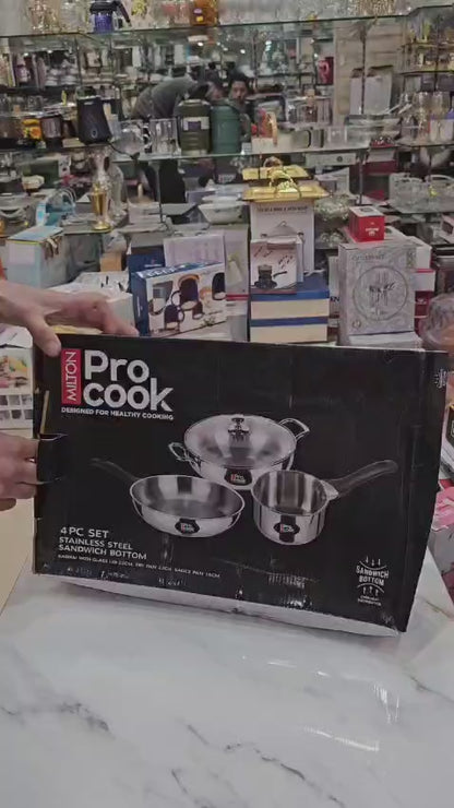 ProCook Elite 4PC Cooking Set|Stainless Steel Sandwich Bottom Induction 4 pcs Kitchen Set (Procook By Milton)